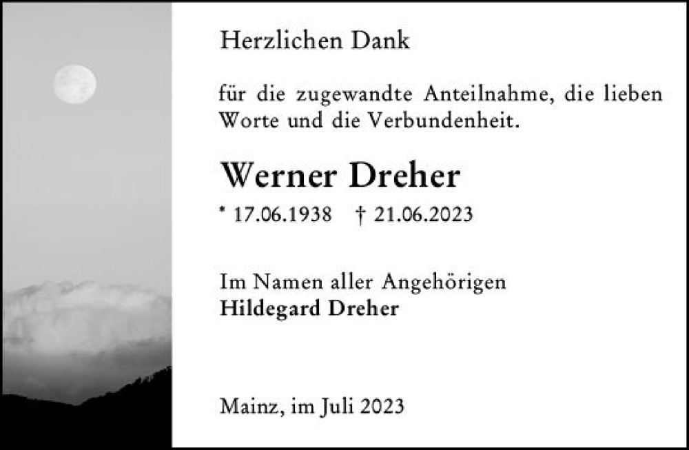  Traueranzeige für Werner Dreher vom 22.07.2023 aus Allgemeine Zeitung Mainz