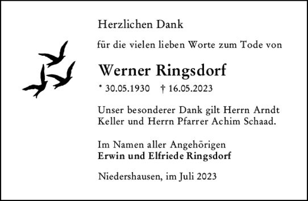  Traueranzeige für Werner Ringsdorf vom 27.07.2023 aus Weilburger Tageblatt