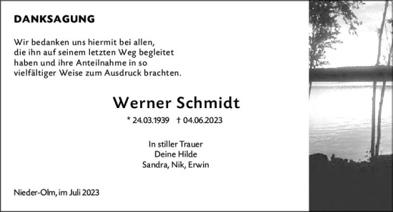 Traueranzeige von Werner Schmidt von Allgemeine Zeitung Mainz