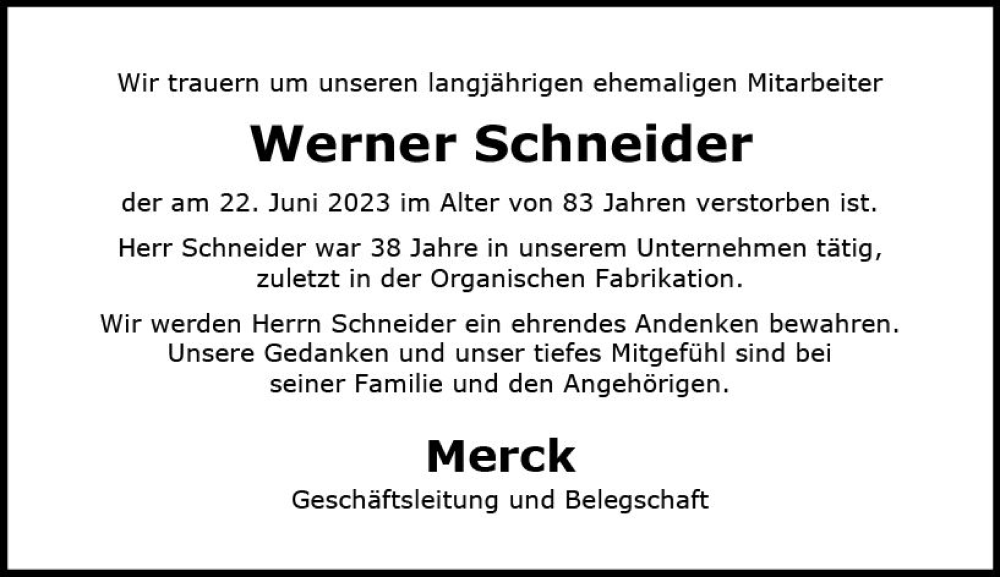  Traueranzeige für Werner Schneider vom 08.07.2023 aus Darmstädter Echo