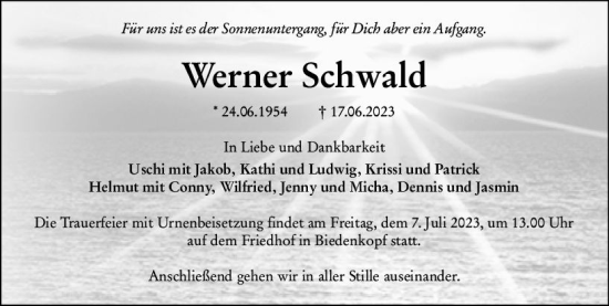 Traueranzeige von Werner Schwald von Hinterländer Anzeiger