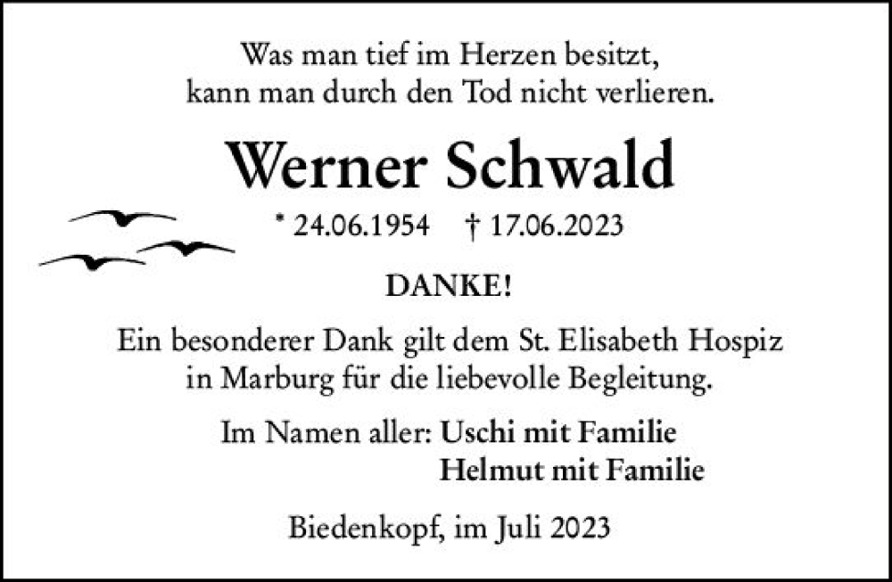  Traueranzeige für Werner Schwald vom 17.07.2023 aus Hinterländer Anzeiger