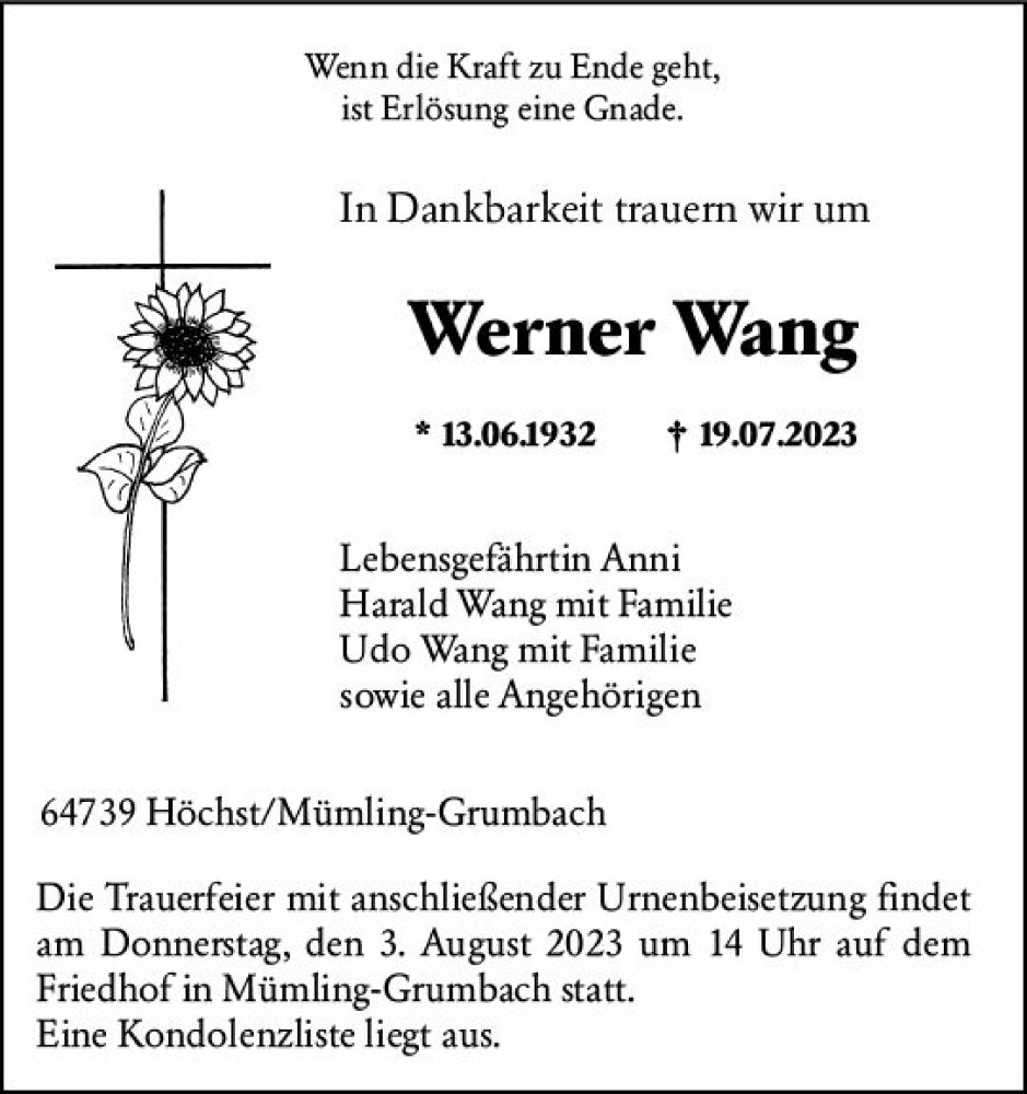  Traueranzeige für Werner Wang vom 29.07.2023 aus Odenwälder Echo