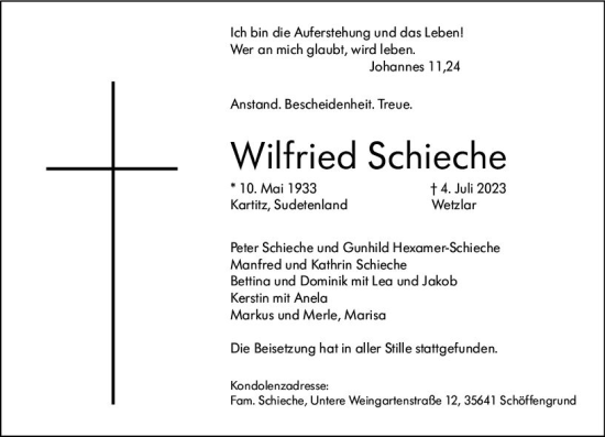 Traueranzeige von Wilfried Schieche von Wetzlarer Neue Zeitung