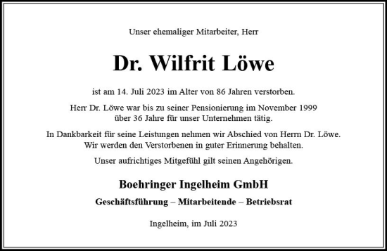 Traueranzeige von Wilfrit Löwe von Allgemeine Zeitung Bingen/Ingelheim