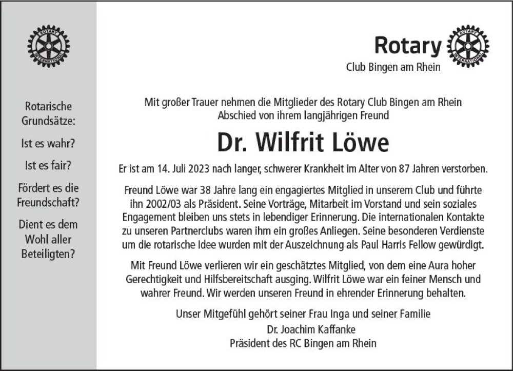  Traueranzeige für Wilfrit Löwe vom 26.07.2023 aus Allgemeine Zeitung Bingen/Ingelheim