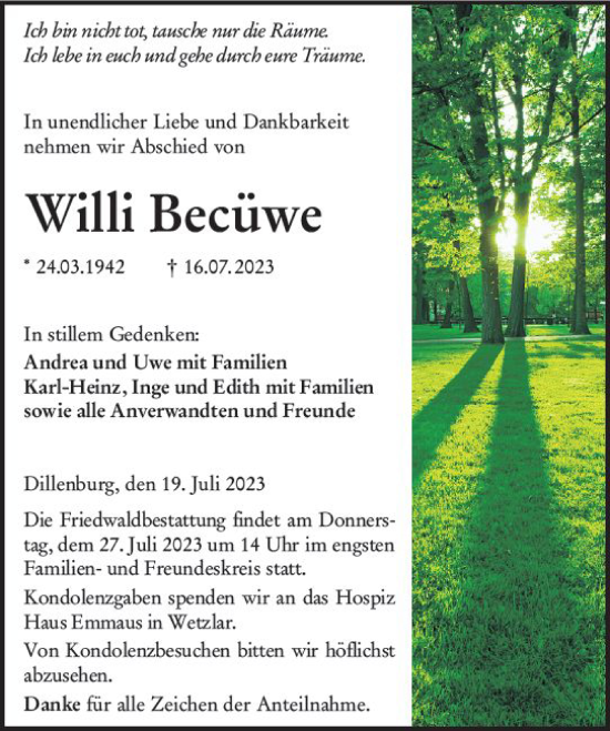 Traueranzeige von Willi Becüwe von Dill Block