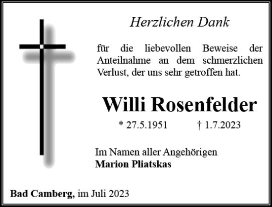 Traueranzeige von Willi Rosenfelder von Camberger Anzeiger