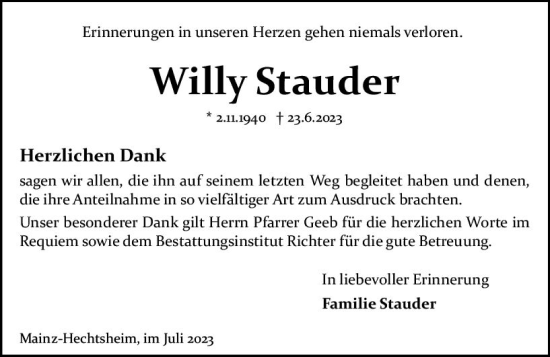 Traueranzeige von Willy Stauder von Allgemeine Zeitung Mainz