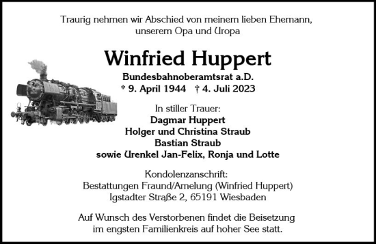 Traueranzeige von Winfried Huppert von Wiesbadener Kurier
