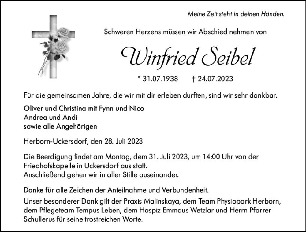  Traueranzeige für Winfried Seibel vom 28.07.2023 aus Dill Block