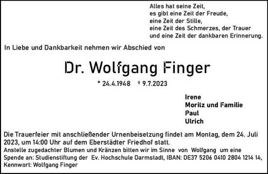 Traueranzeige von Wolfgang Finger von Darmstädter Echo