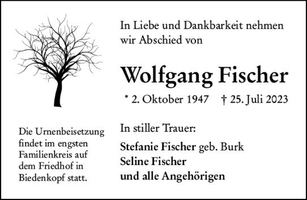  Traueranzeige für Wolfgang Fischer vom 31.07.2023 aus Hinterländer Anzeiger