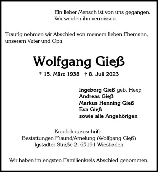 Traueranzeige von Wolfgang Gieß von Wiesbadener Kurier
