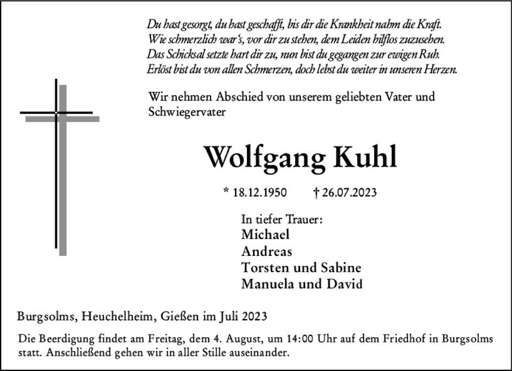  Traueranzeige für Wolfgang Kuhl vom 31.07.2023 aus Wetzlarer Neue Zeitung