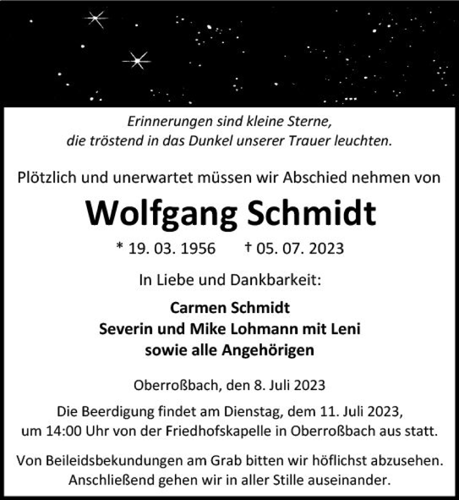  Traueranzeige für Wolfgang Schmidt vom 08.07.2023 aus Dill Block