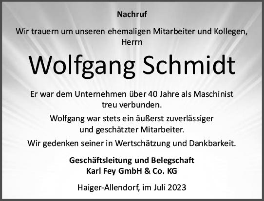  Traueranzeige für Wolfgang Schmidt vom 11.07.2023 aus Dill Block