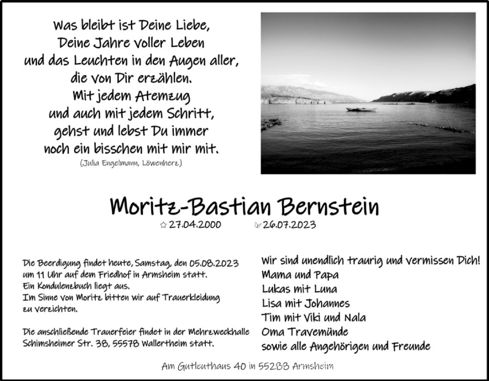  Traueranzeige für Moritz-Bastian Bernstein vom 04.08.2023 aus 