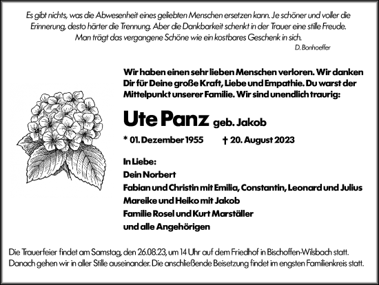 Traueranzeige von Ute Panz von Wetzlarer Neue Zeitung