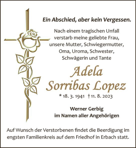 Traueranzeige von Adela Sorribas Lopez von Odenwälder Echo