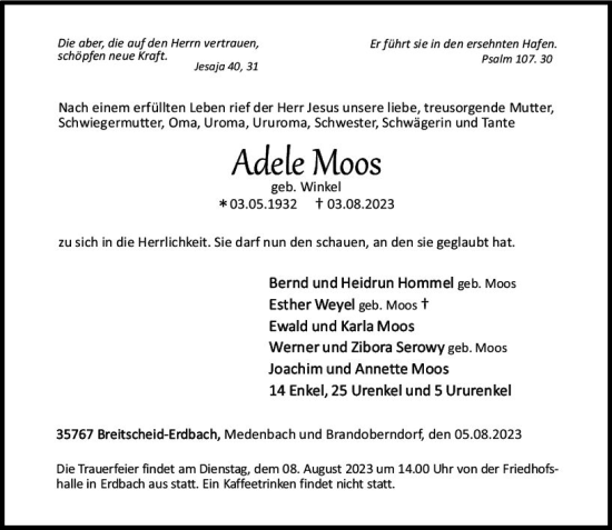 Traueranzeige von Adele Moos von Dill Block