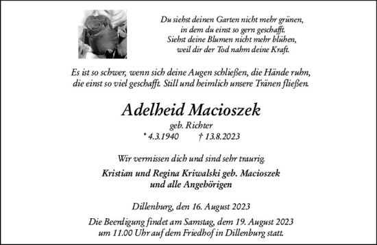 Traueranzeige von Adelheid Macioszek von Dill Block