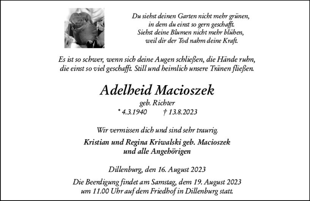  Traueranzeige für Adelheid Macioszek vom 16.08.2023 aus Dill Block