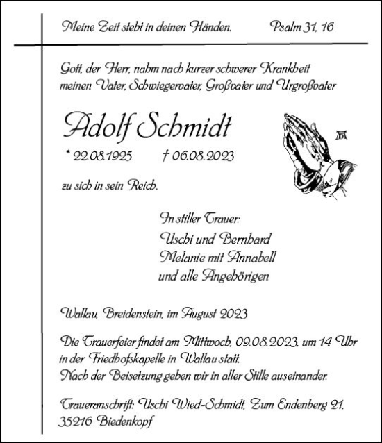 Traueranzeige von Adolf Schmidt von Hinterländer Anzeiger