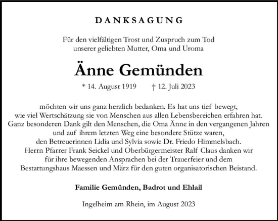 Traueranzeige von Änne Gemünden von Allgemeine Zeitung Bingen/Ingelheim