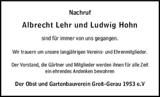 Traueranzeige von Albrecht Lehr von Groß-Gerauer Echo