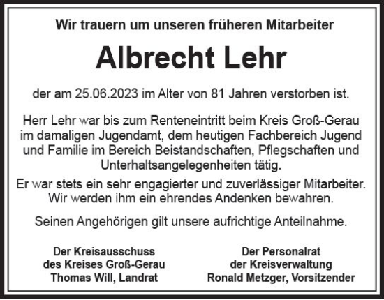 Traueranzeige von Albrecht Lehr von Groß-Gerauer Echo
