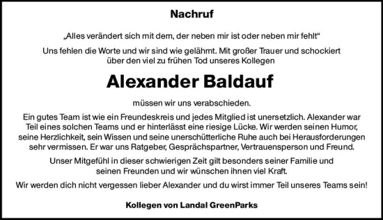 Traueranzeige von Alexander Baldauf von Allgemeine Zeitung Mainz