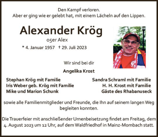 Traueranzeige von Alexander Krög von Allgemeine Zeitung Mainz