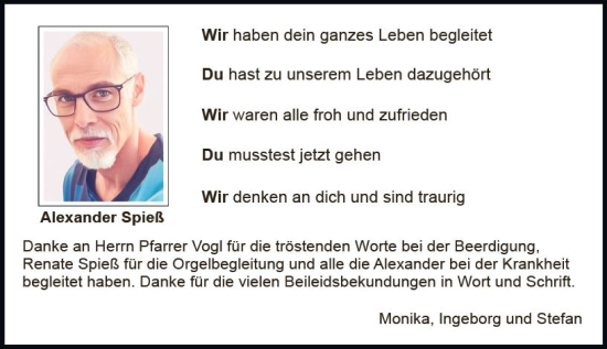 Traueranzeige von Alexander Spieß von Dieburger Anzeiger/Groß-Zimmerner Lokal-Anzeiger