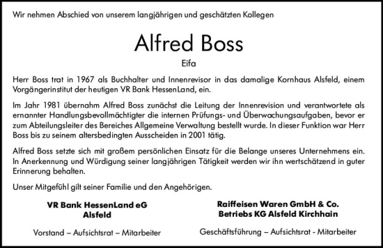Traueranzeige von Alfred Boss von VRM Trauer