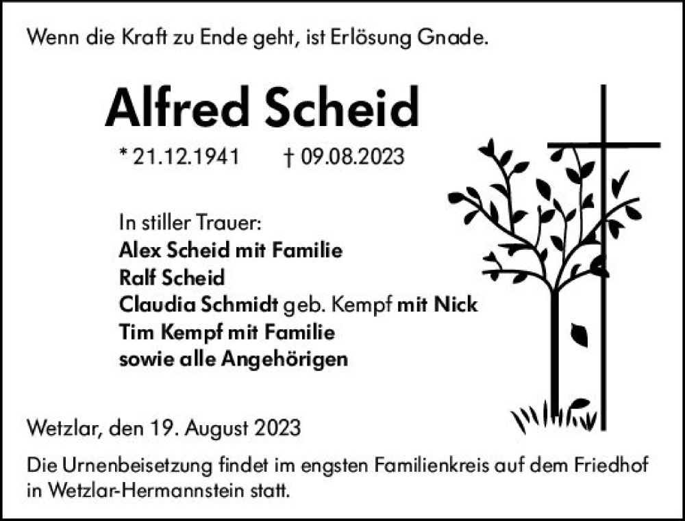  Traueranzeige für Alfred Scheid vom 19.08.2023 aus Wetzlarer Neue Zeitung