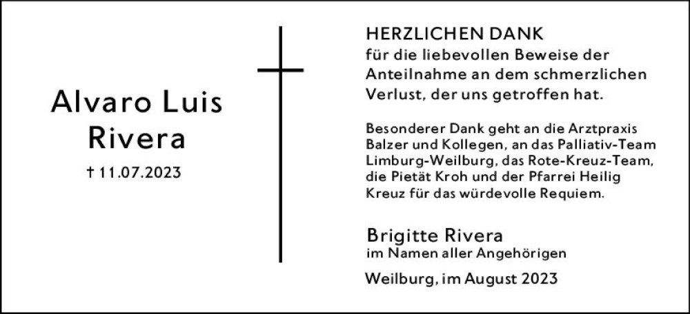  Traueranzeige für Alvaro Luis Rivera vom 23.08.2023 aus Weilburger Tageblatt