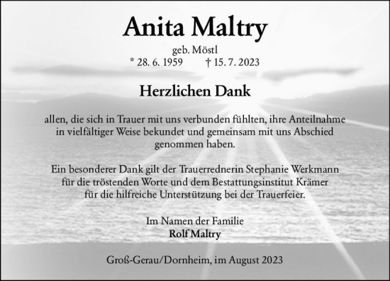 Traueranzeige von Anita Maltry von Groß-Gerauer Echo