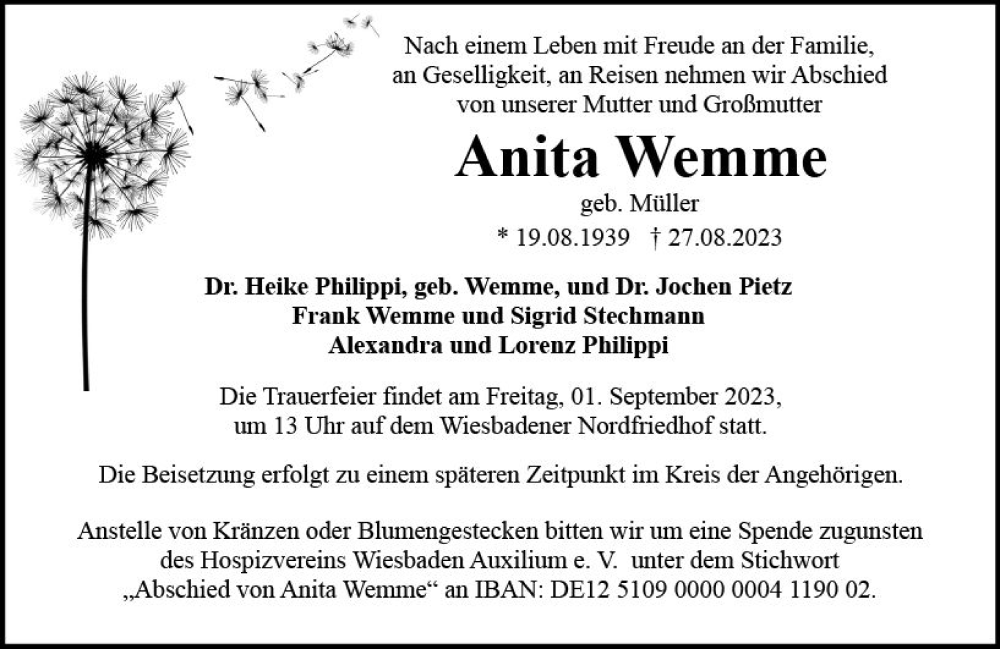  Traueranzeige für Anita Wemme vom 29.08.2023 aus Wiesbadener Kurier