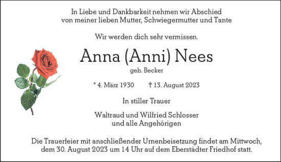 Traueranzeige von Anna  Nees von Darmstädter Echo