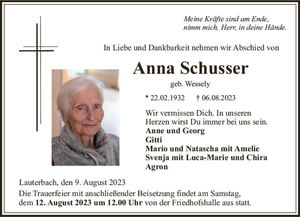  Traueranzeige für Anna Schusser vom 09.08.2023 aus VRM Trauer