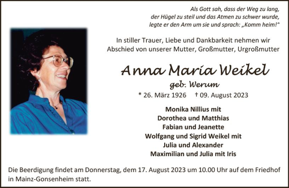  Traueranzeige für Anna Maria Weikel vom 12.08.2023 aus Allgemeine Zeitung Mainz