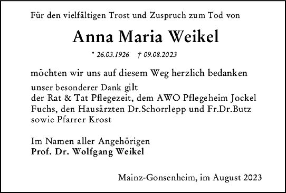  Traueranzeige für Anna Maria Weikel vom 26.08.2023 aus Allgemeine Zeitung Mainz