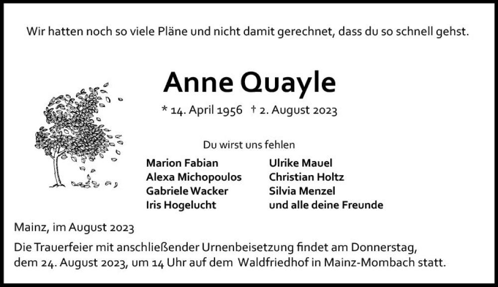 Traueranzeige für Anne Quayle vom 12.08.2023 aus Allgemeine Zeitung Mainz