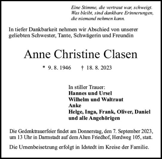 Traueranzeige von Anne Christine Clasen von Darmstädter Echo