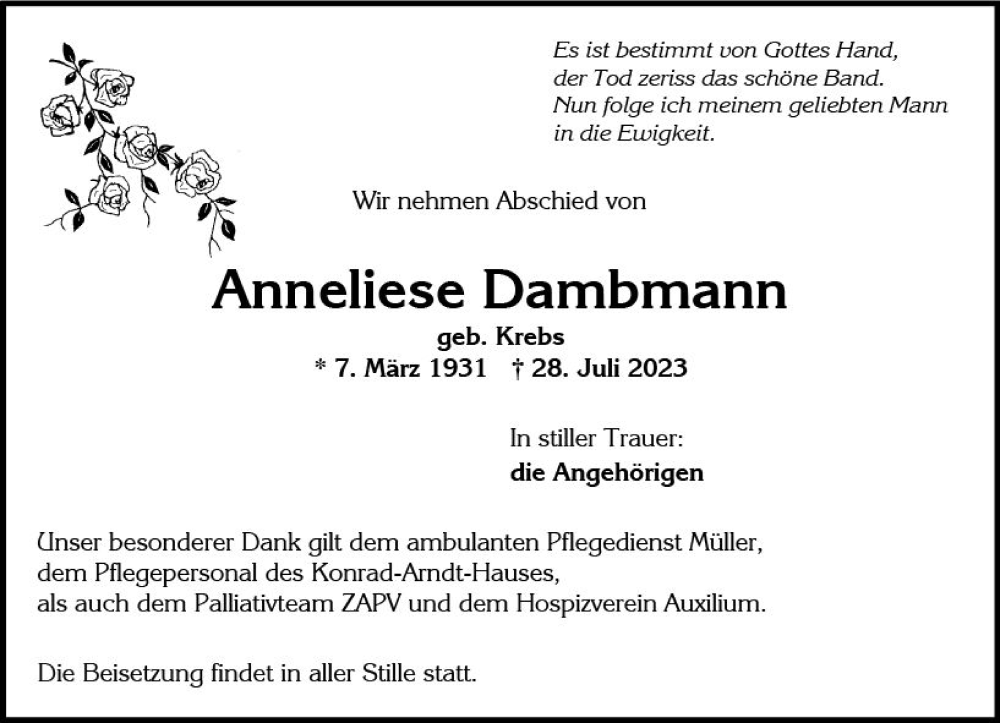  Traueranzeige für Anneliese Dambmann vom 05.08.2023 aus Wiesbadener Kurier