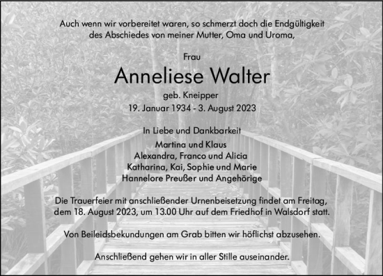 Traueranzeige von Anneliese Walter von Camberger Anzeiger