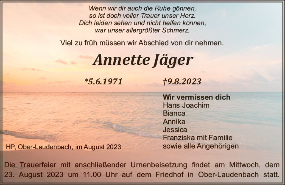  Traueranzeige für Annette Jäger vom 19.08.2023 aus Starkenburger Echo