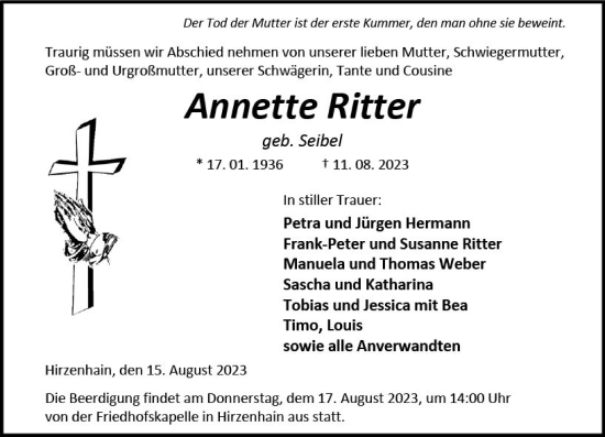 Traueranzeige von Annette Ritter von Hinterländer Anzeiger