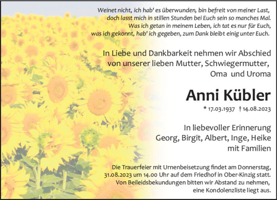 Traueranzeige von Anni Kübler von Odenwälder Echo
